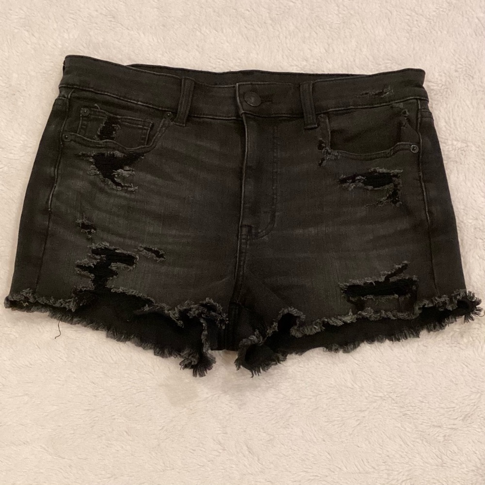 American Eagle 12 Hi-Rise Shortie Denim Shorts Women’s Distressed Faded Black